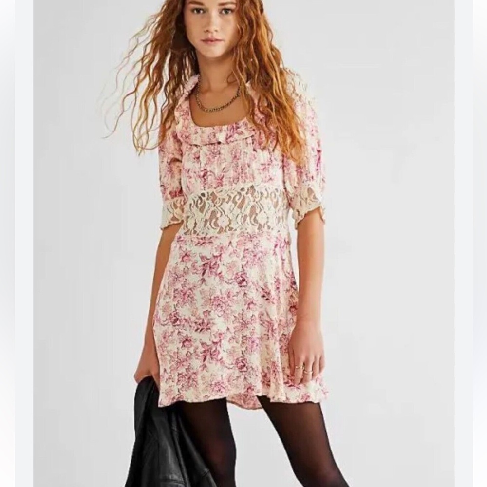 Free People Cream and Pink Lace Mini Dress